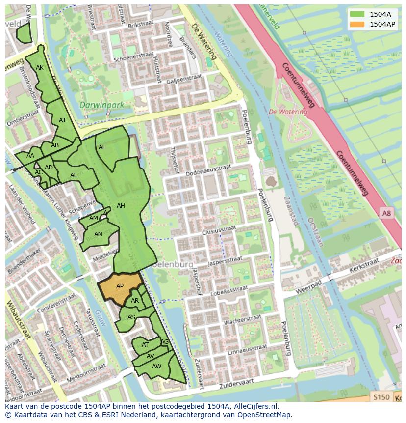 Afbeelding van het postcodegebied 1504 AP op de kaart.