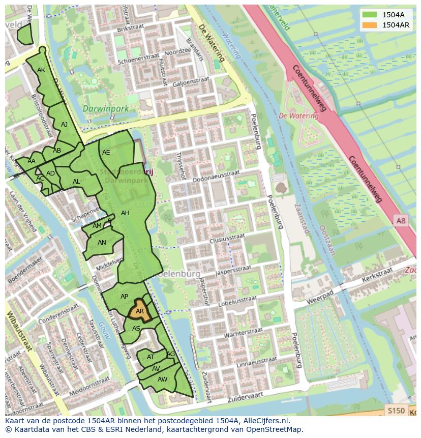 Afbeelding van het postcodegebied 1504 AR op de kaart.