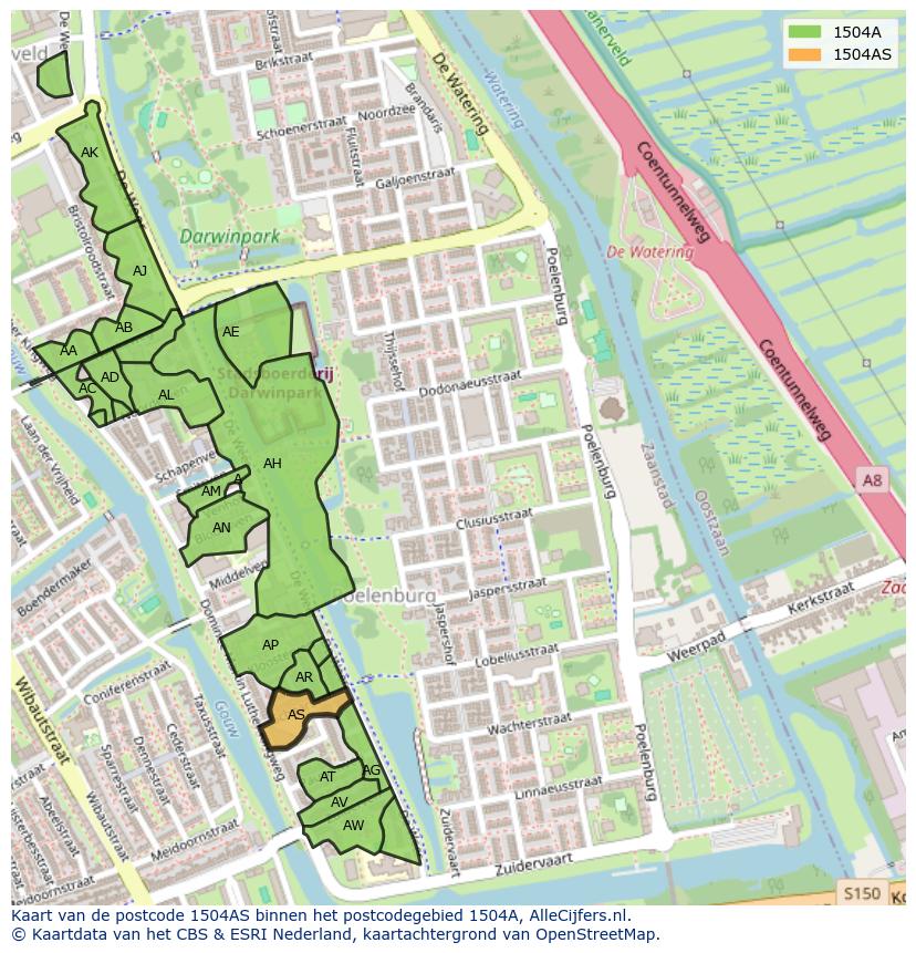 Afbeelding van het postcodegebied 1504 AS op de kaart.