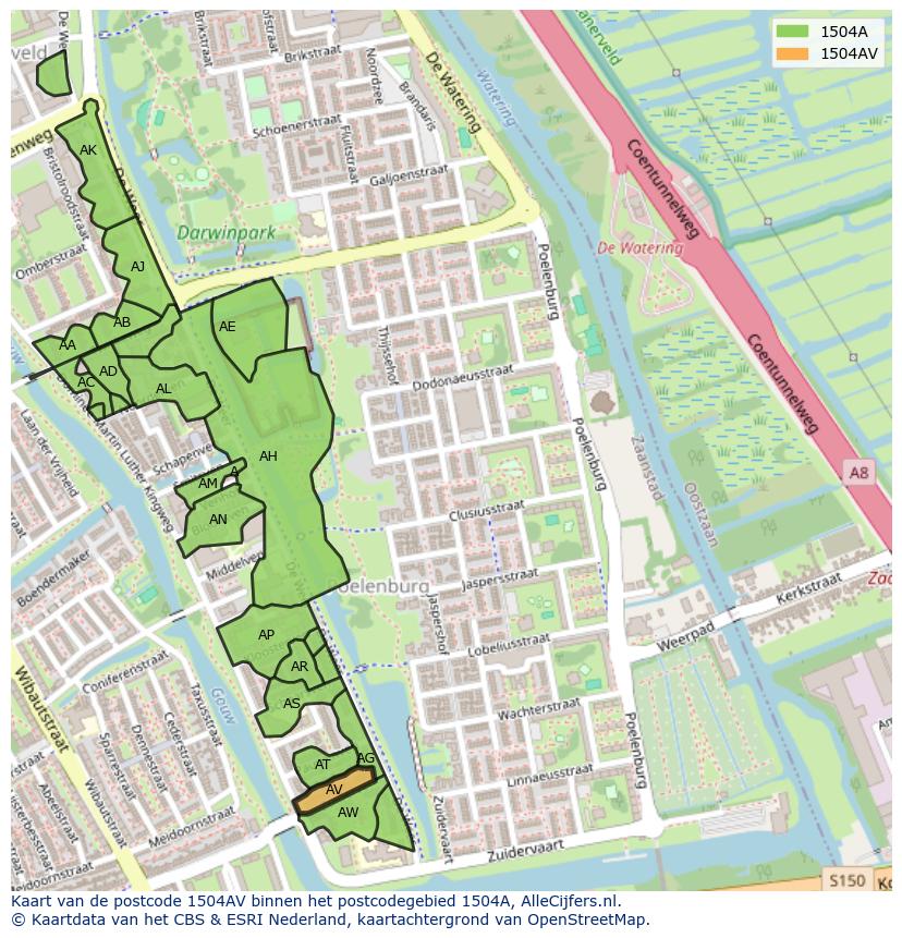 Afbeelding van het postcodegebied 1504 AV op de kaart.