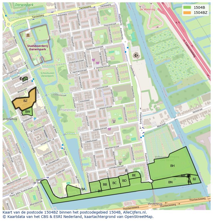 Afbeelding van het postcodegebied 1504 BZ op de kaart.