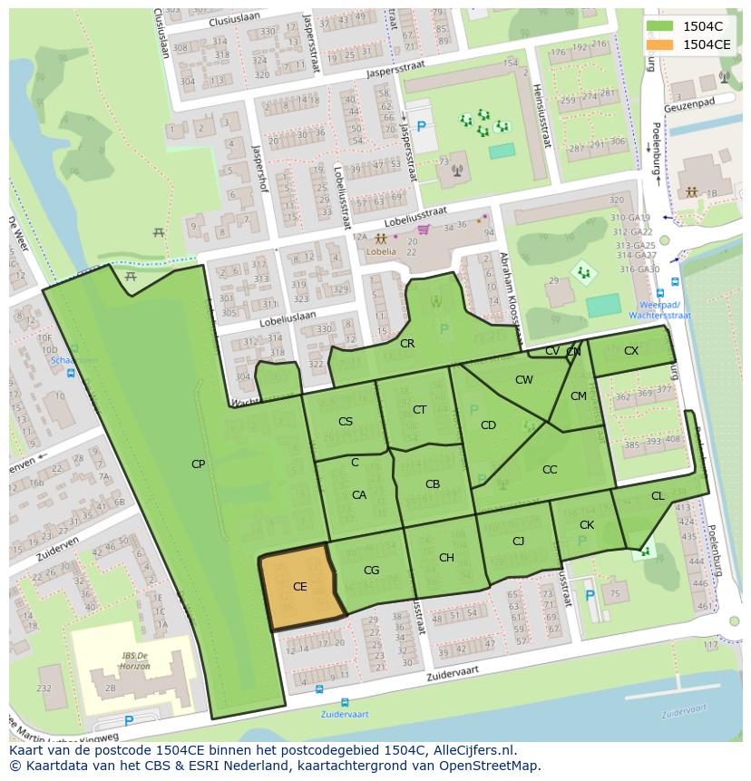 Afbeelding van het postcodegebied 1504 CE op de kaart.