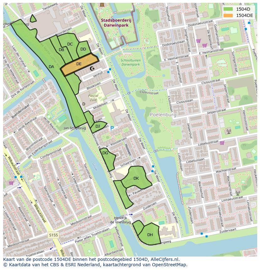 Afbeelding van het postcodegebied 1504 DE op de kaart.