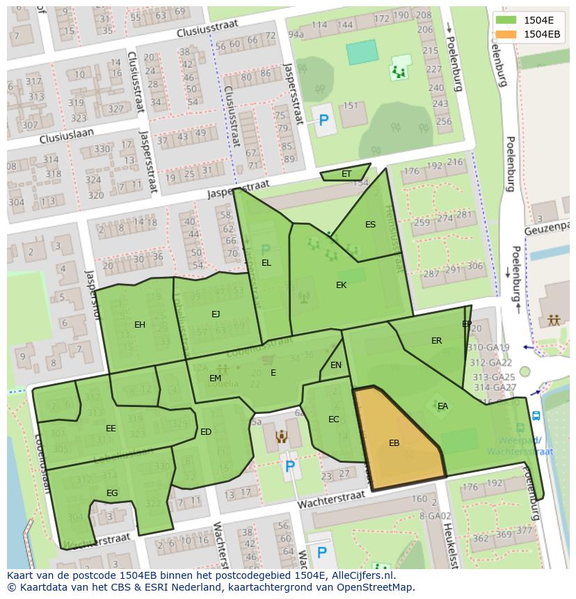 Afbeelding van het postcodegebied 1504 EB op de kaart.