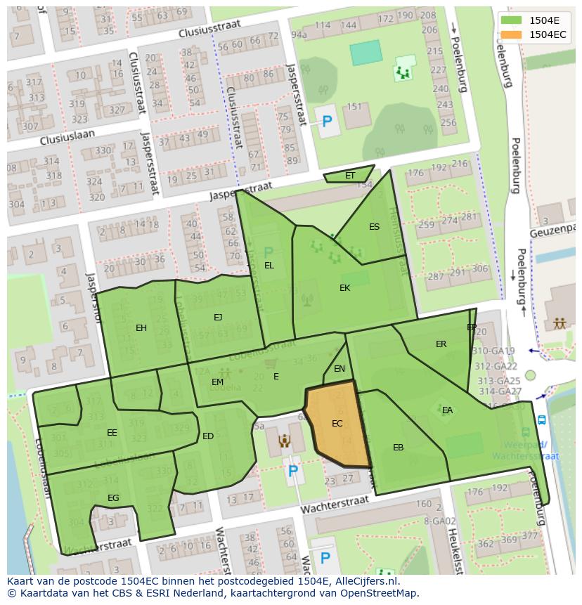 Afbeelding van het postcodegebied 1504 EC op de kaart.