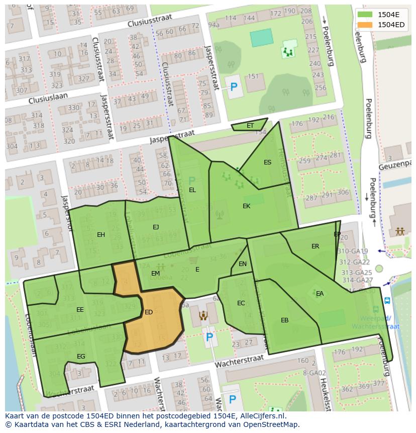 Afbeelding van het postcodegebied 1504 ED op de kaart.