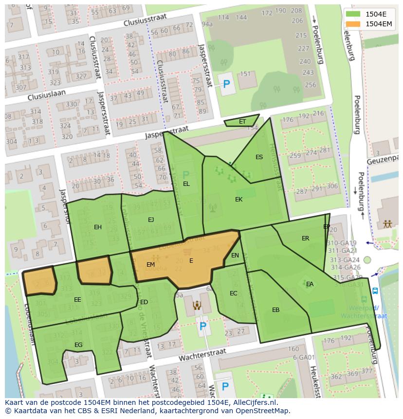 Afbeelding van het postcodegebied 1504 EM op de kaart.