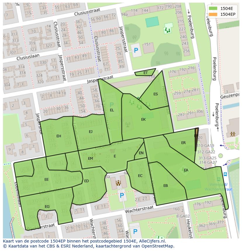 Afbeelding van het postcodegebied 1504 EP op de kaart.
