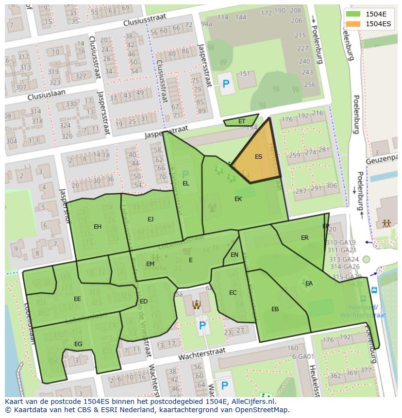 Afbeelding van het postcodegebied 1504 ES op de kaart.