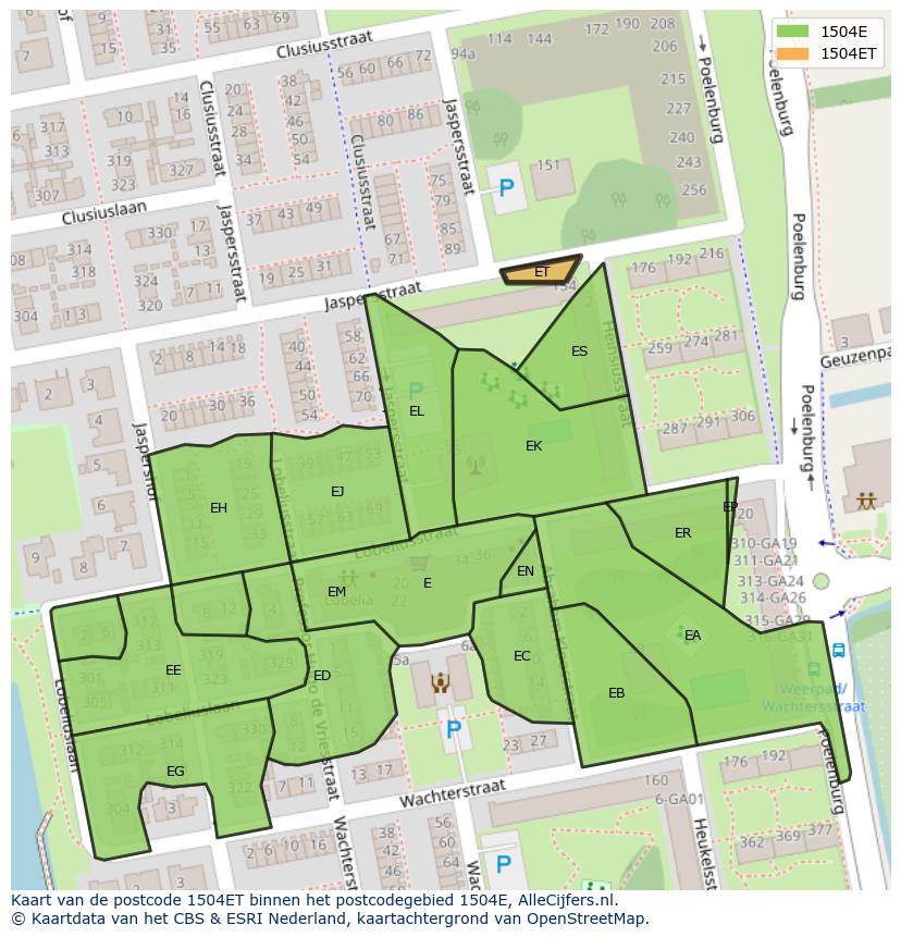 Afbeelding van het postcodegebied 1504 ET op de kaart.