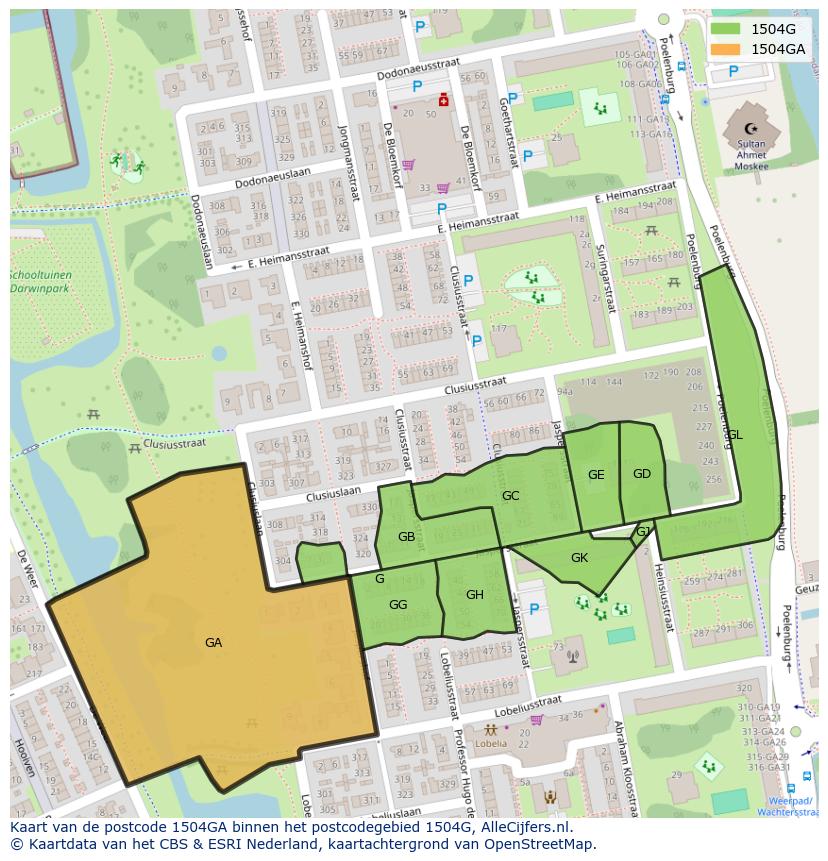 Afbeelding van het postcodegebied 1504 GA op de kaart.
