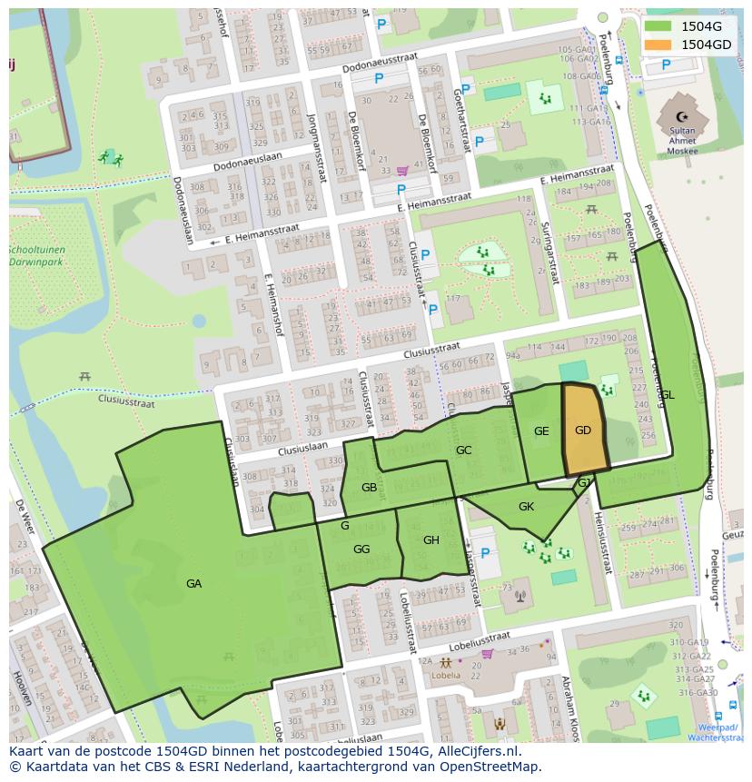 Afbeelding van het postcodegebied 1504 GD op de kaart.