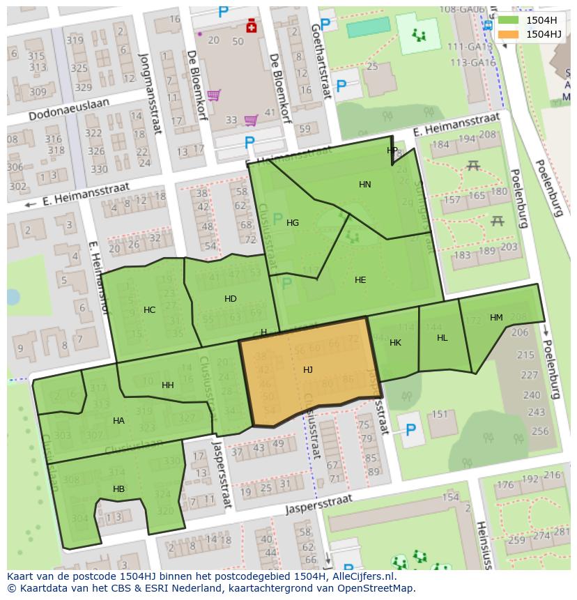 Afbeelding van het postcodegebied 1504 HJ op de kaart.