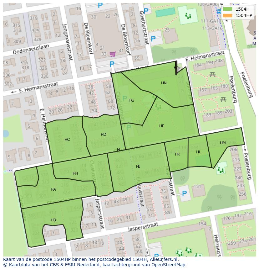 Afbeelding van het postcodegebied 1504 HP op de kaart.