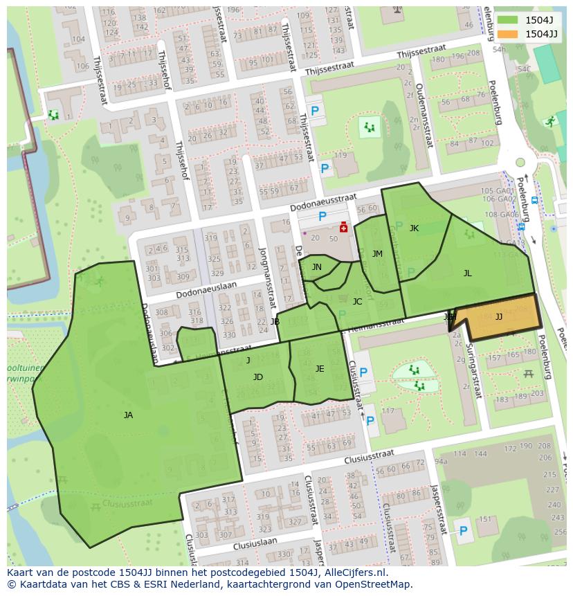 Afbeelding van het postcodegebied 1504 JJ op de kaart.