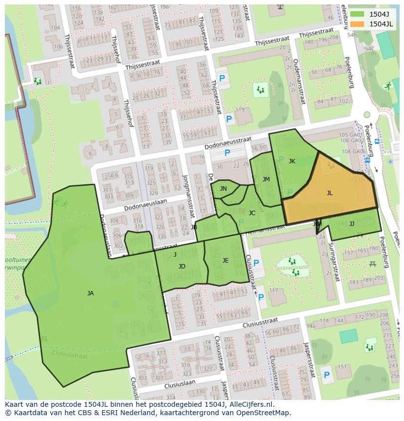 Afbeelding van het postcodegebied 1504 JL op de kaart.