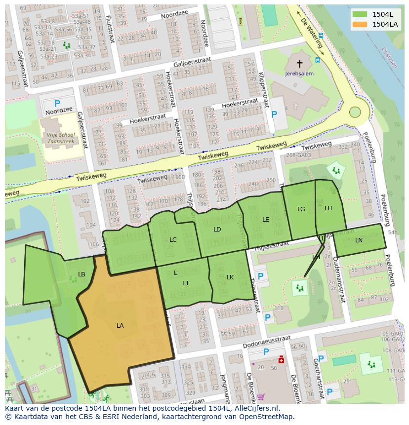 Afbeelding van het postcodegebied 1504 LA op de kaart.
