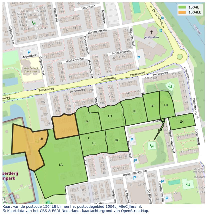 Afbeelding van het postcodegebied 1504 LB op de kaart.
