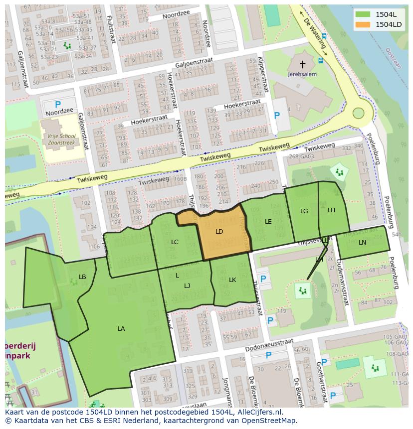 Afbeelding van het postcodegebied 1504 LD op de kaart.