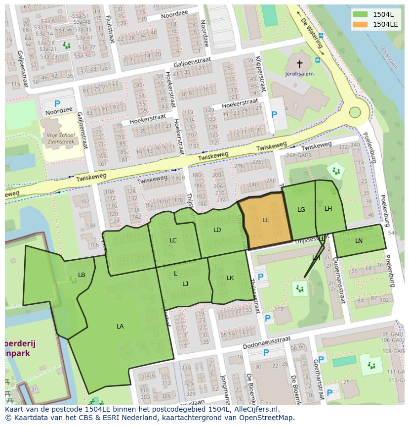 Afbeelding van het postcodegebied 1504 LE op de kaart.