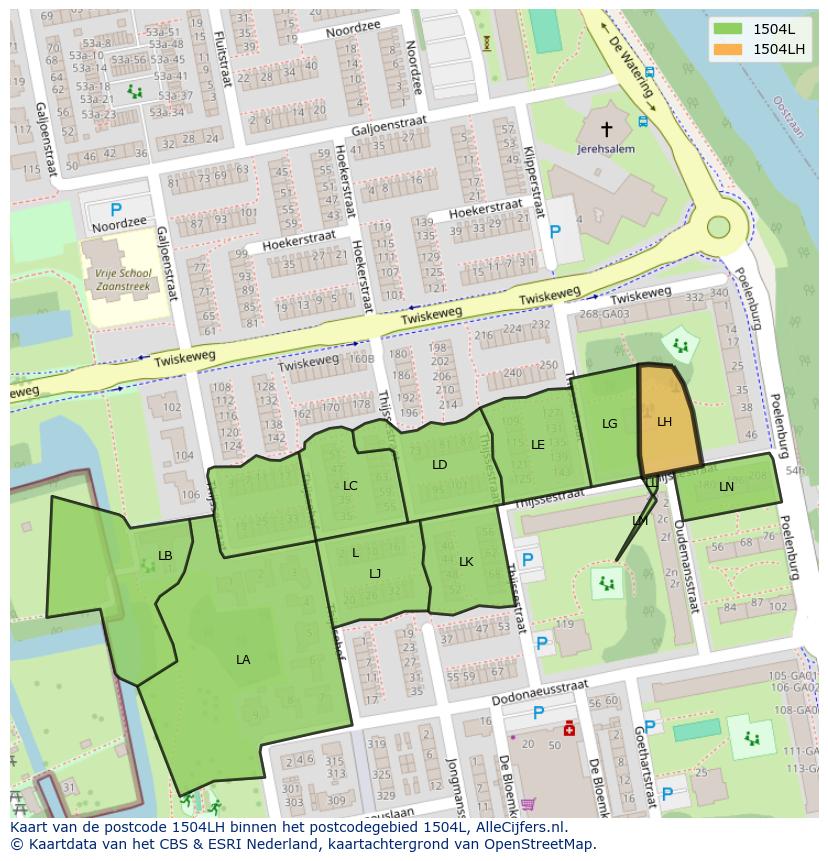 Afbeelding van het postcodegebied 1504 LH op de kaart.