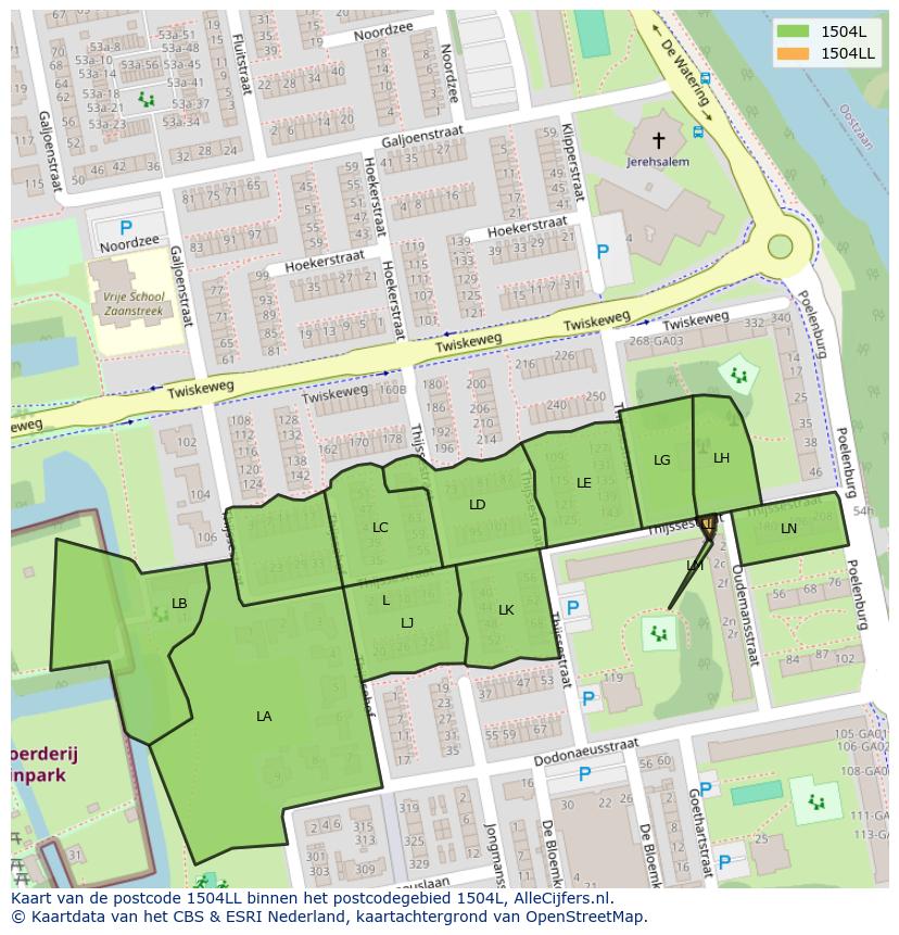 Afbeelding van het postcodegebied 1504 LL op de kaart.