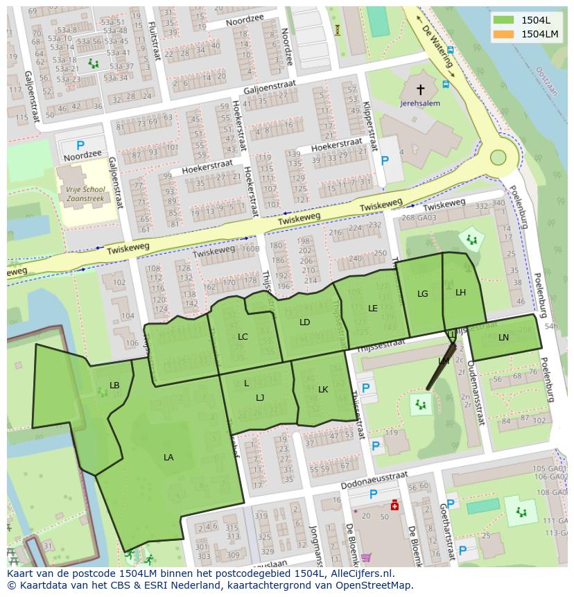Afbeelding van het postcodegebied 1504 LM op de kaart.