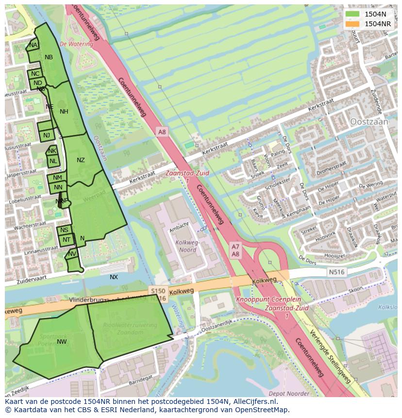 Afbeelding van het postcodegebied 1504 NR op de kaart.