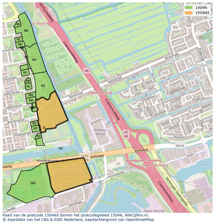 Afbeelding van het postcodegebied 1504 NX op de kaart.
