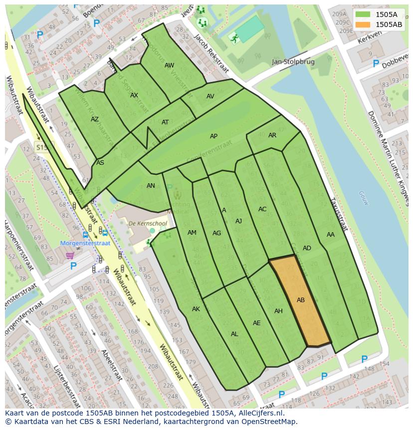 Afbeelding van het postcodegebied 1505 AB op de kaart.