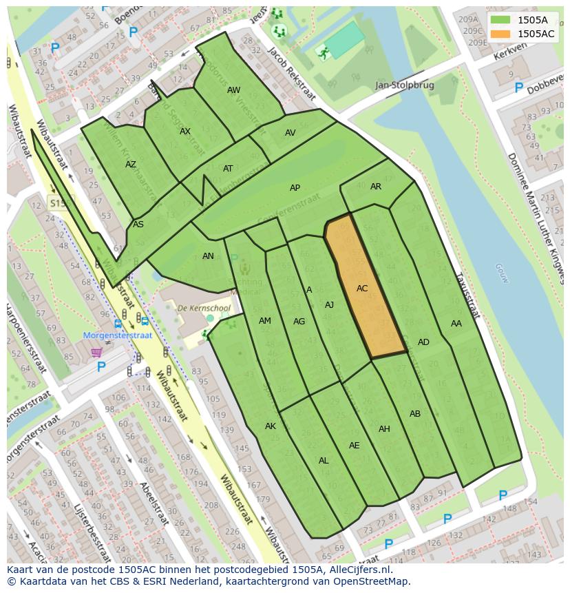 Afbeelding van het postcodegebied 1505 AC op de kaart.