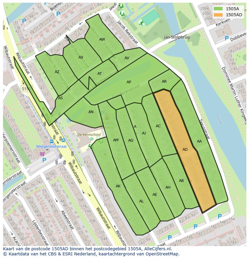 Afbeelding van het postcodegebied 1505 AD op de kaart.