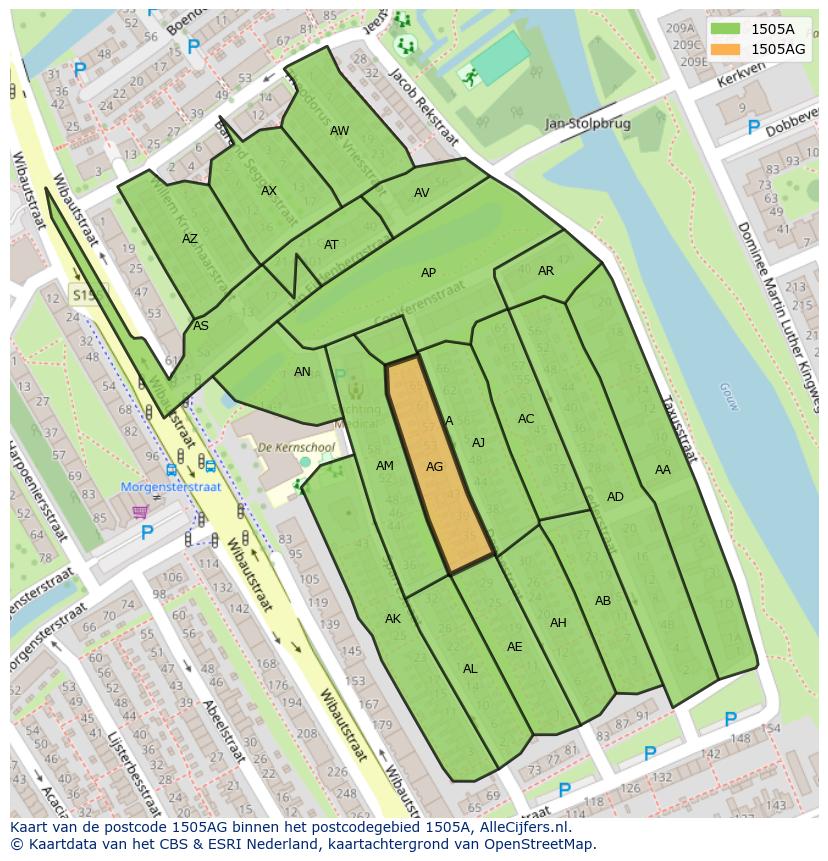 Afbeelding van het postcodegebied 1505 AG op de kaart.