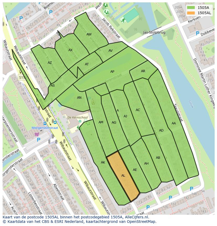 Afbeelding van het postcodegebied 1505 AL op de kaart.