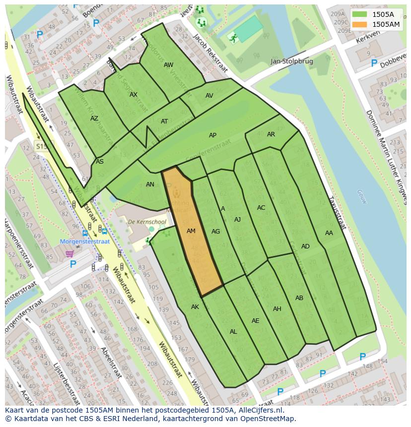 Afbeelding van het postcodegebied 1505 AM op de kaart.