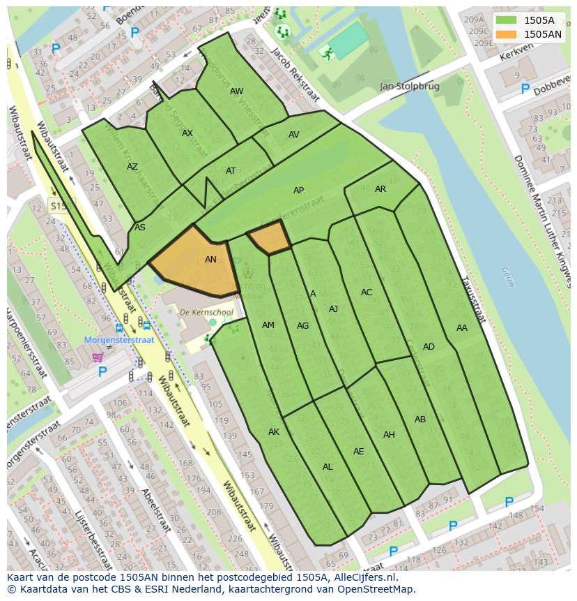 Afbeelding van het postcodegebied 1505 AN op de kaart.