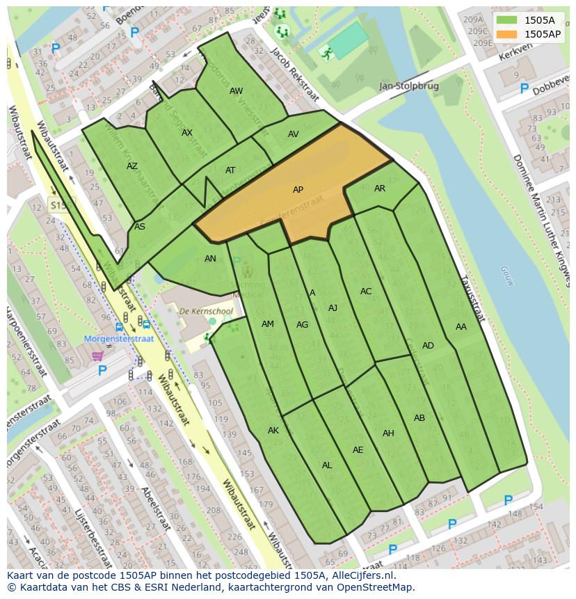 Afbeelding van het postcodegebied 1505 AP op de kaart.