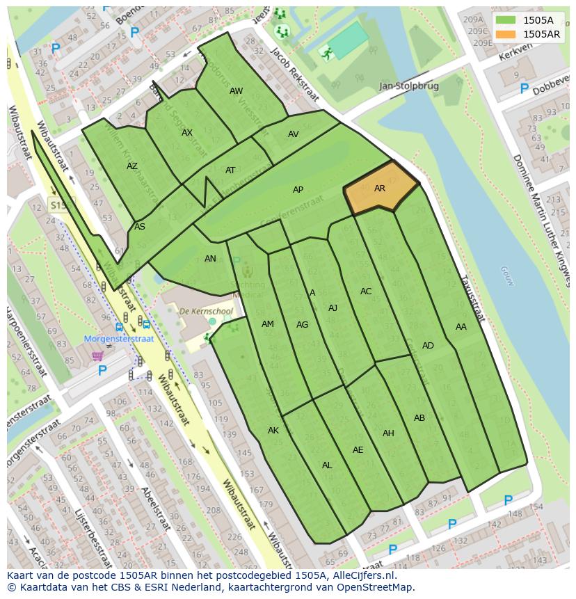 Afbeelding van het postcodegebied 1505 AR op de kaart.
