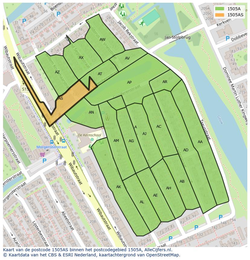 Afbeelding van het postcodegebied 1505 AS op de kaart.