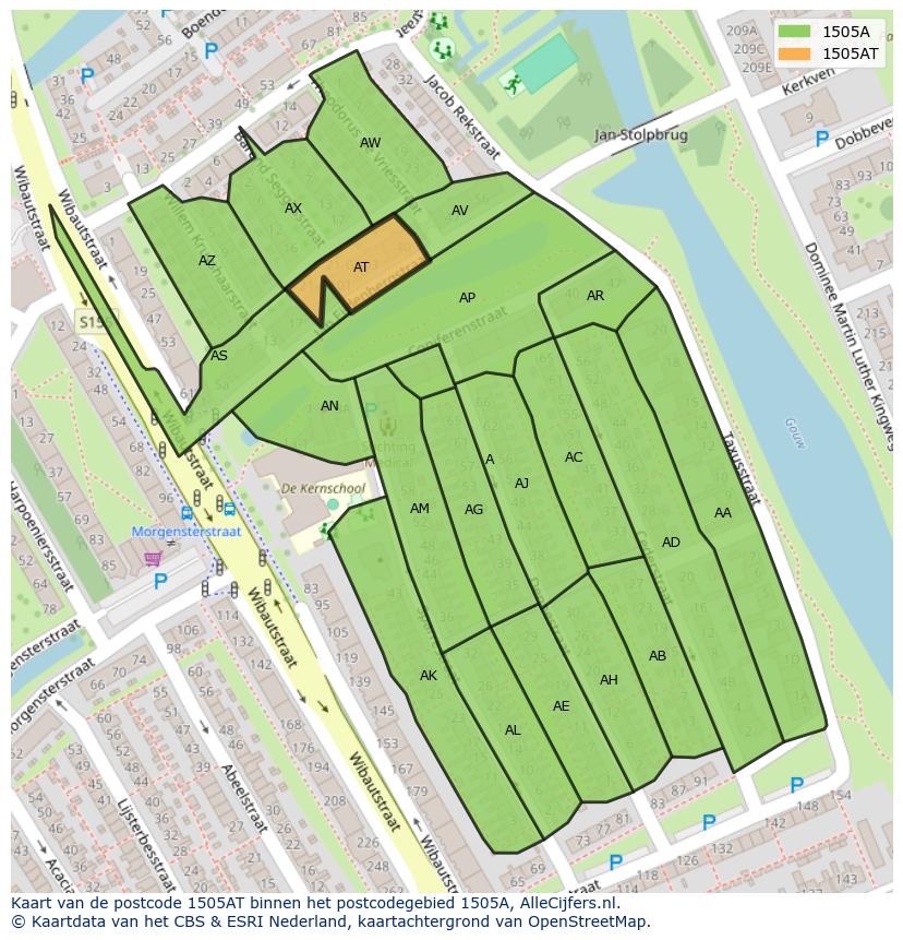 Afbeelding van het postcodegebied 1505 AT op de kaart.
