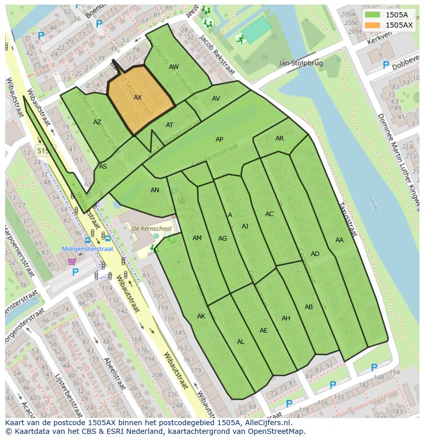 Afbeelding van het postcodegebied 1505 AX op de kaart.