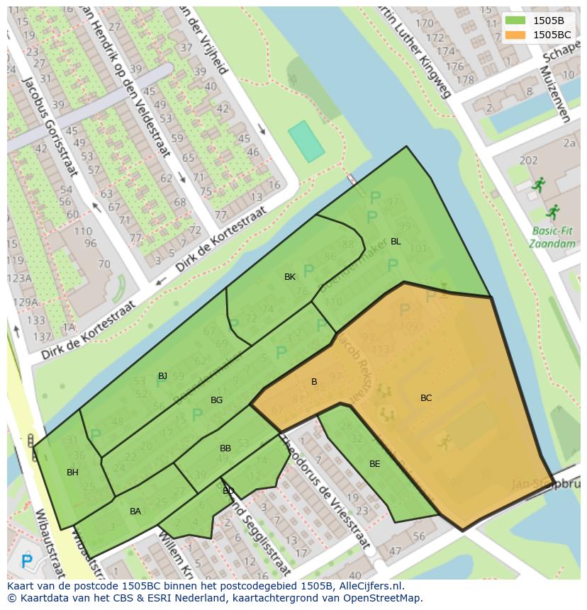 Afbeelding van het postcodegebied 1505 BC op de kaart.
