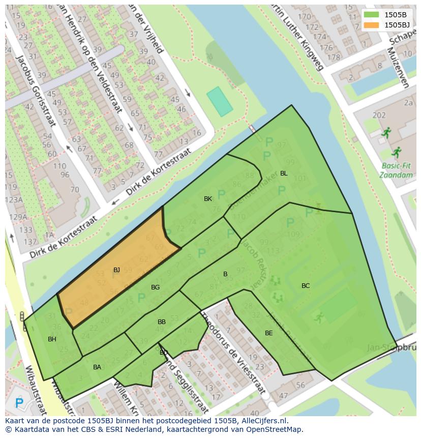 Afbeelding van het postcodegebied 1505 BJ op de kaart.
