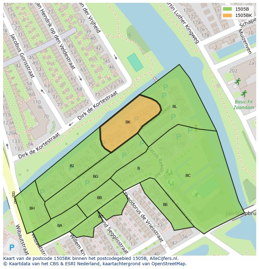 Afbeelding van het postcodegebied 1505 BK op de kaart.