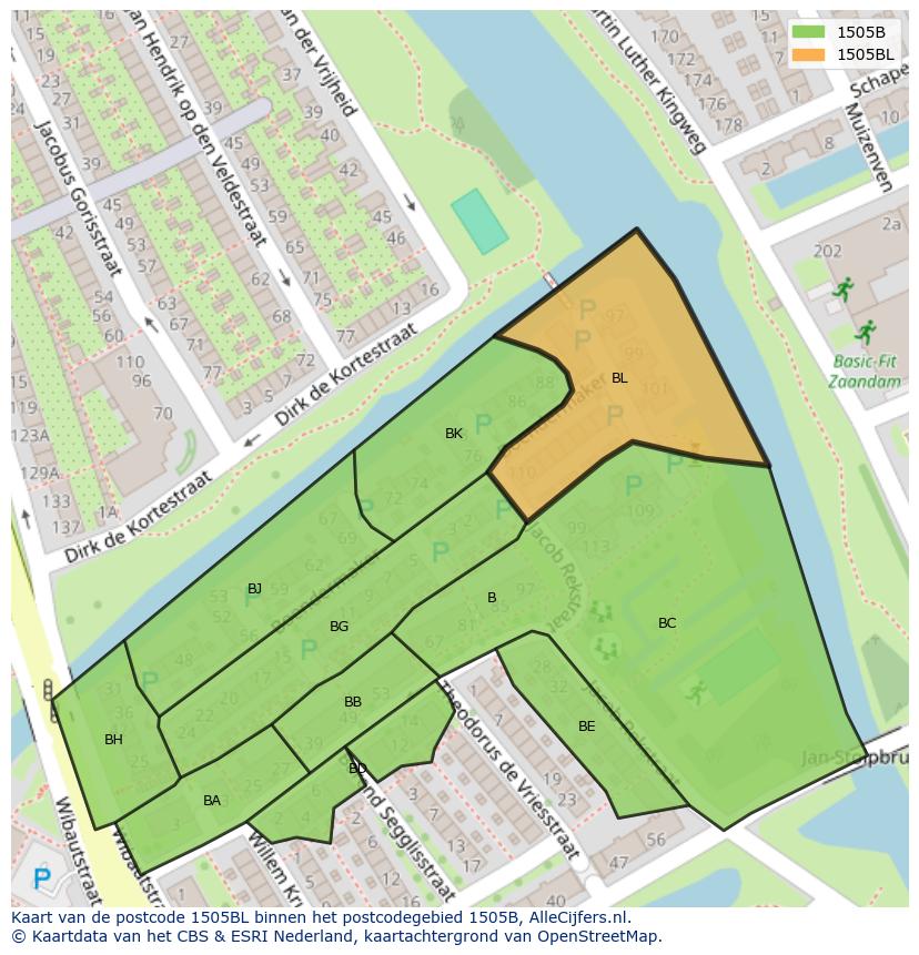 Afbeelding van het postcodegebied 1505 BL op de kaart.