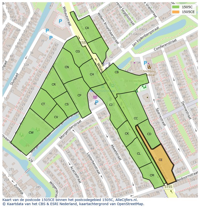 Afbeelding van het postcodegebied 1505 CE op de kaart.