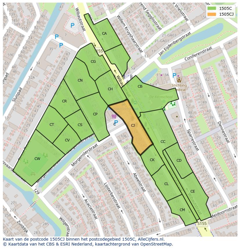 Afbeelding van het postcodegebied 1505 CJ op de kaart.
