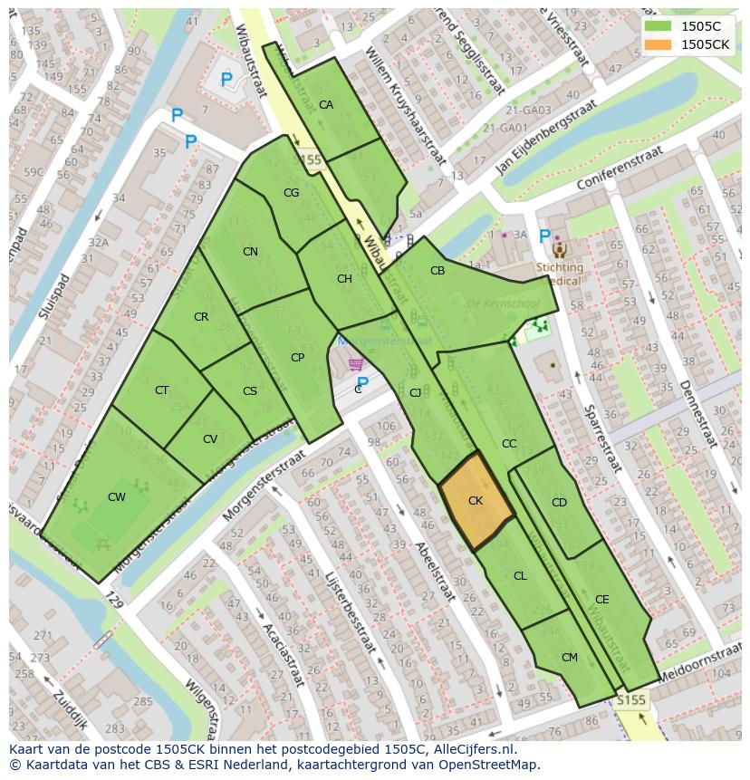Afbeelding van het postcodegebied 1505 CK op de kaart.