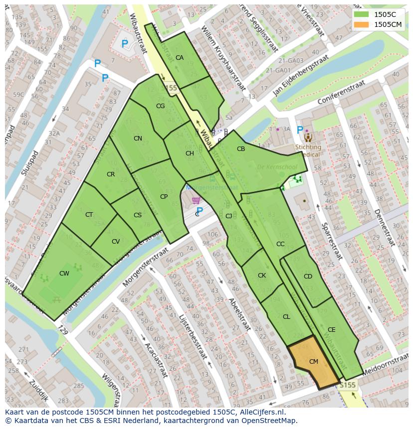 Afbeelding van het postcodegebied 1505 CM op de kaart.