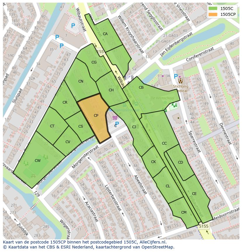 Afbeelding van het postcodegebied 1505 CP op de kaart.